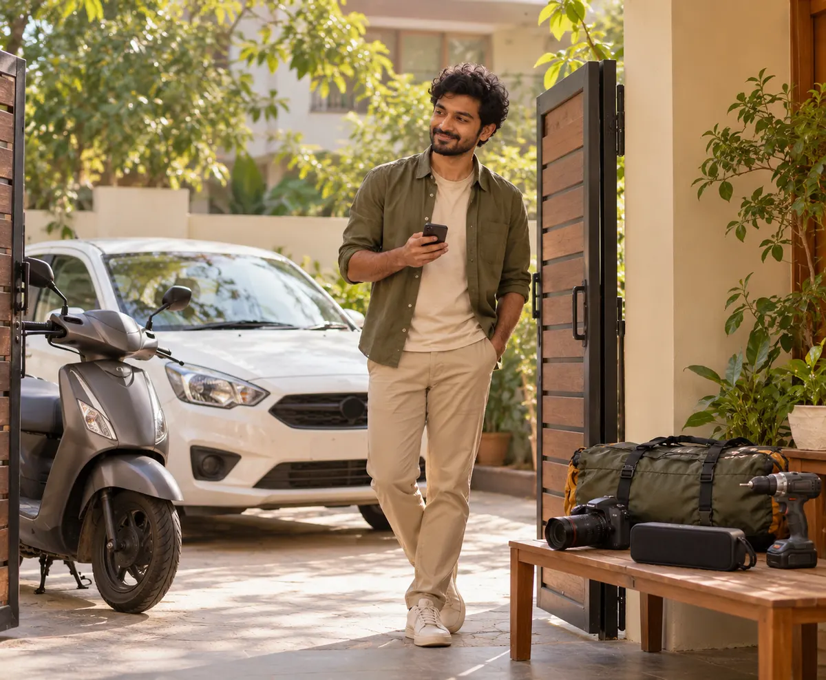 A host at his gate with a camera, tent bag, speaker and drill on a bench, and a scooter and car beside him