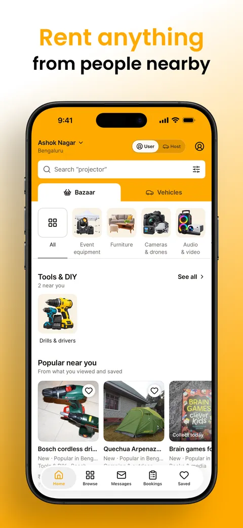 Lumo app Bazaar home: categories like cameras, tents and tools near you