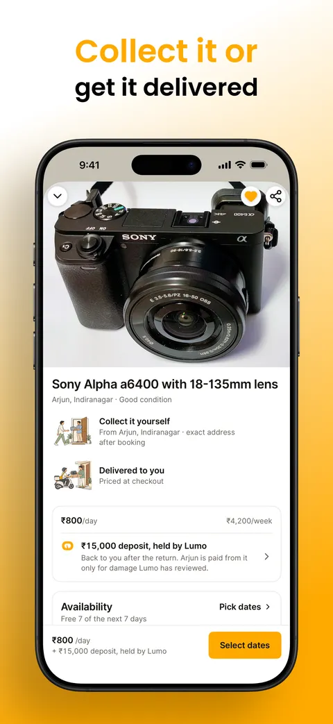 Lumo app item page for a Sony camera with the Collect it yourself and Delivered to you options and the deposit