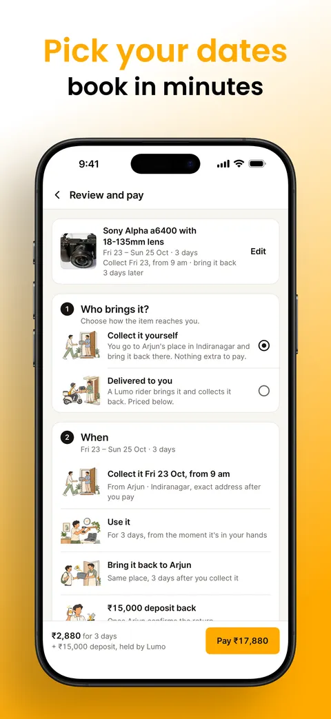 Lumo app Review and pay screen: who brings it and when