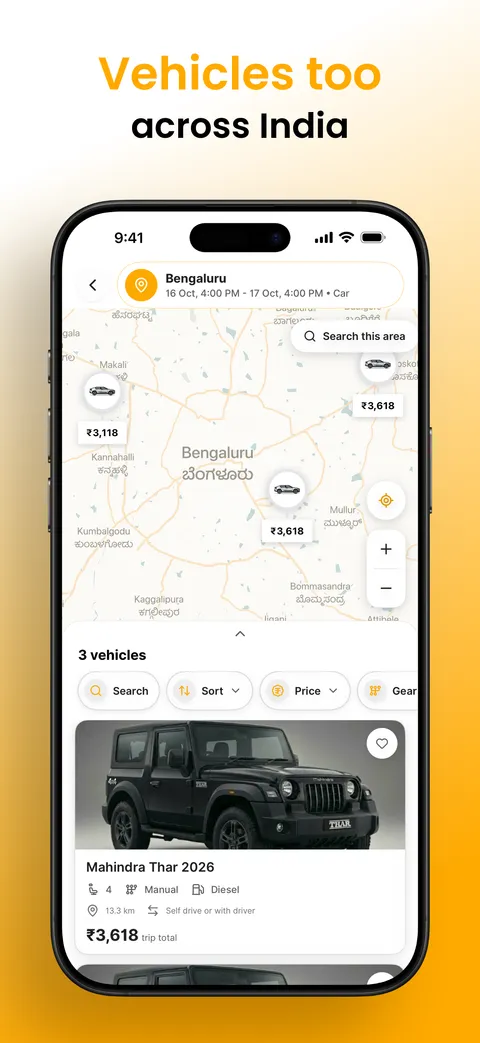 Lumo app vehicle results on a map of Bengaluru