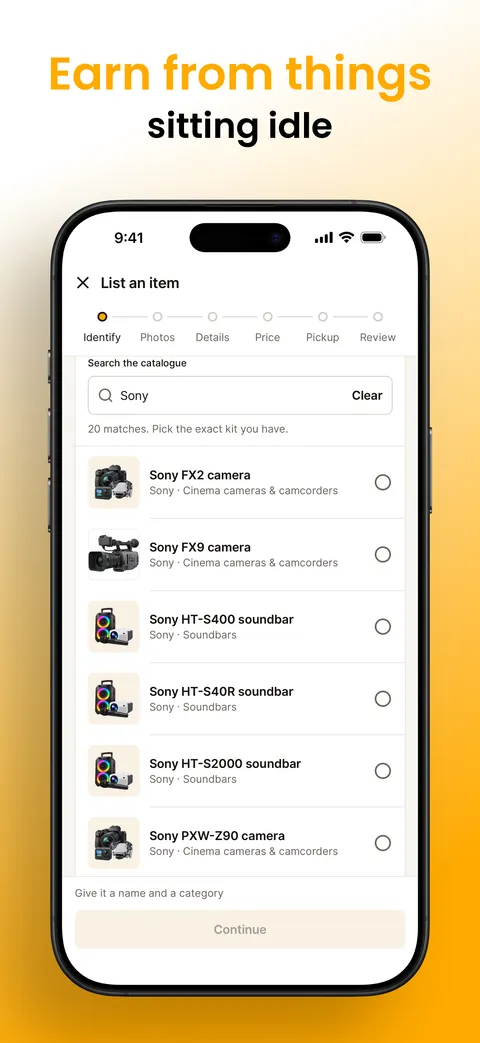 Lumo app List an item, step 1: search the catalogue for what you own